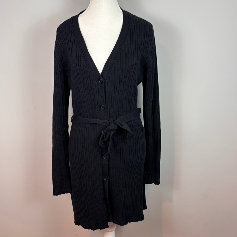 Andrea Behar Y2K Black‎ Ribbed Button Front Duster Cardigan 100% Cotton SZ Large